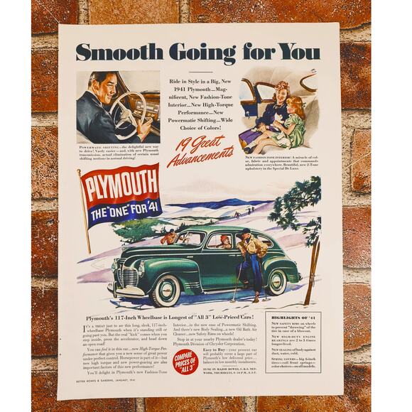 1941 Plymouth Print Ad - Green Sedan Winter Driving Scene "Smooth Going for You" - Picture 1 of 10